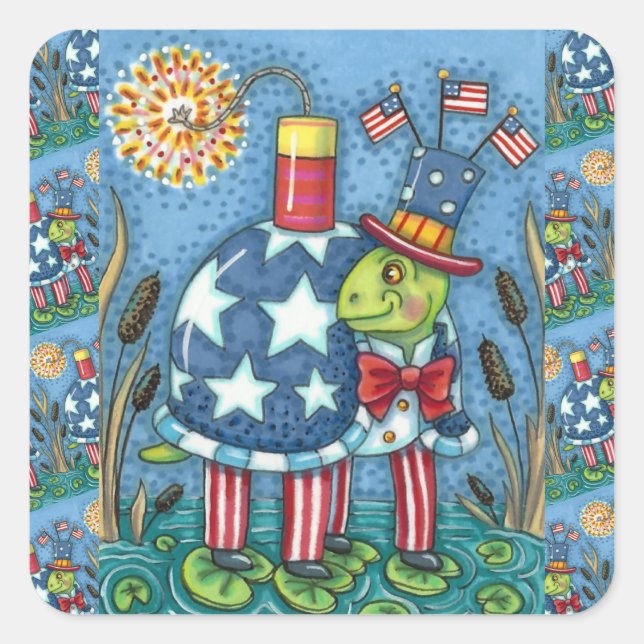 PATRIOTIC UNCLE SAM TURTLE, FUNNY FIRECRACKER Cute Square Sticker (Front)