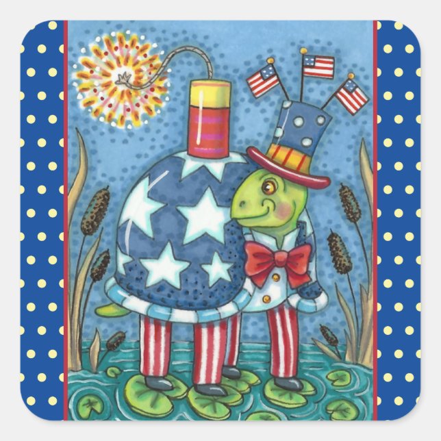 PATRIOTIC UNCLE SAM TURTLE, FUNNY FIRECRACKER Cute Square Sticker (Front)