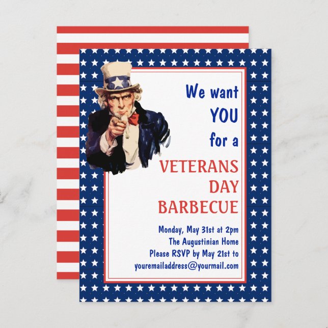 Patriotic Uncle Sam VETERANS BBQ BARBECUE Invite Postcard (Front/Back)