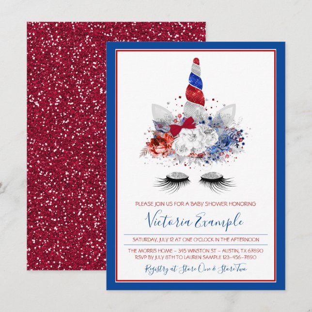 Patriotic Unicorn Red White Blue Baby Shower Invitation (Front/Back)