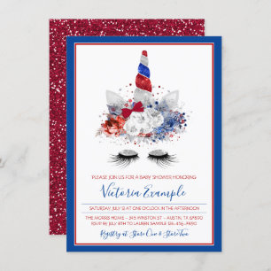 Patriotic Unicorn Red White Blue Baby Shower Invitation