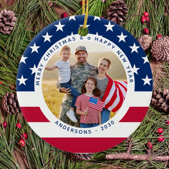 Patriotic US American Flag Personalised 2 Photo Ceramic Tree Decoration (Creator Uploaded)