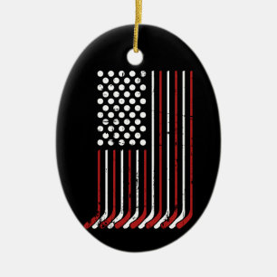 Patriotic US american hockey sticks stars stripes Ceramic Tree Decoration