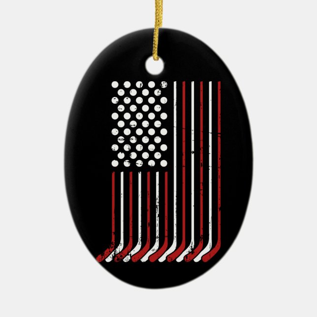 Patriotic US american hockey sticks stars stripes Ceramic Tree Decoration (Front)