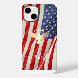 Patriotic US Flag Gold Eagle Custom Name iPhone 14 Case
