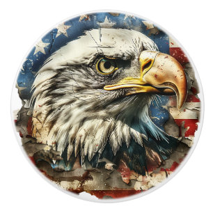 Patriotic US Flag Rustic Bald Eagle Ceramic Knob