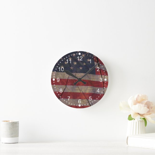 Patriotic US Flag Segment Over Rustic Cracked Wood Round Clock (Home)
