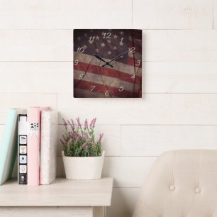 Patriotic US Flag Segment Over Rustic Cracked Wood Square Wall Clock