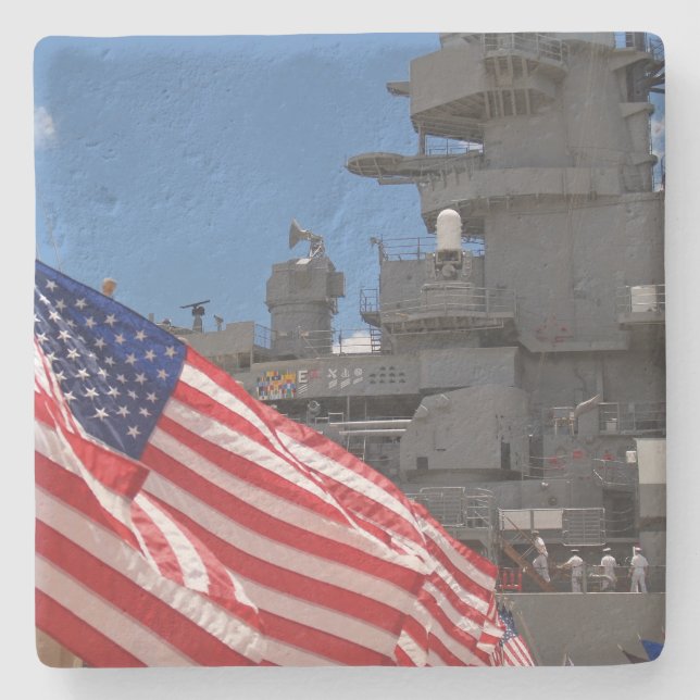 Patriotic US Flag, Ship and Sailors Stone Coaster (Front)