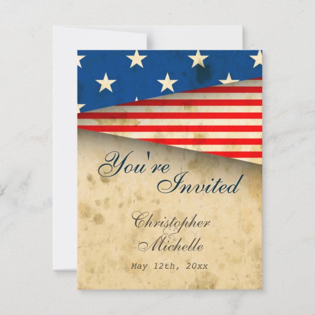 Patriotic US Flag Vintage Style Wedding Invitation (Front)