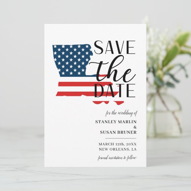 Patriotic US State Louisiana Destination Wedding Save The Date (Standing Front)