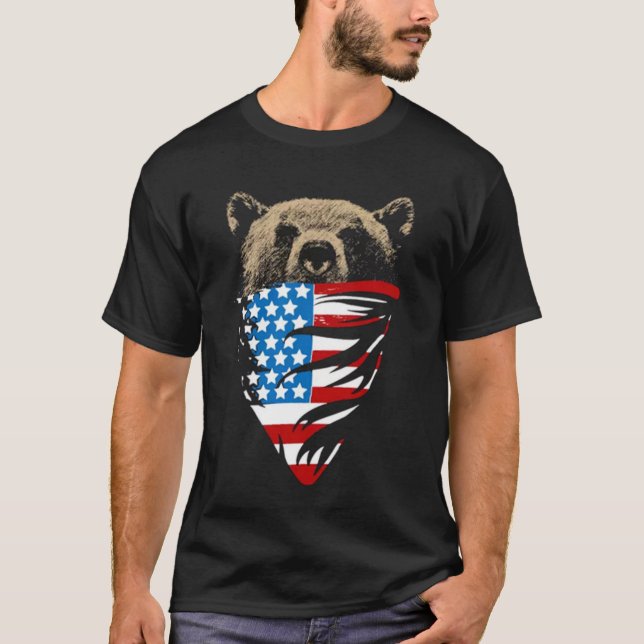 patriotic USA American flag grizzly bear bandanna T-Shirt (Front)