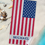 Patriotic USA American Flag Personalised Beach Towel<br><div class="desc">Personalised USA American Flag Beach Towel. Show your American pride and add a stylish touch to your beach days or give a special gift with this red white and blue, stars and stripes American Flag beach towel on a light grey wood design. This united states of america flag beach towel...</div>