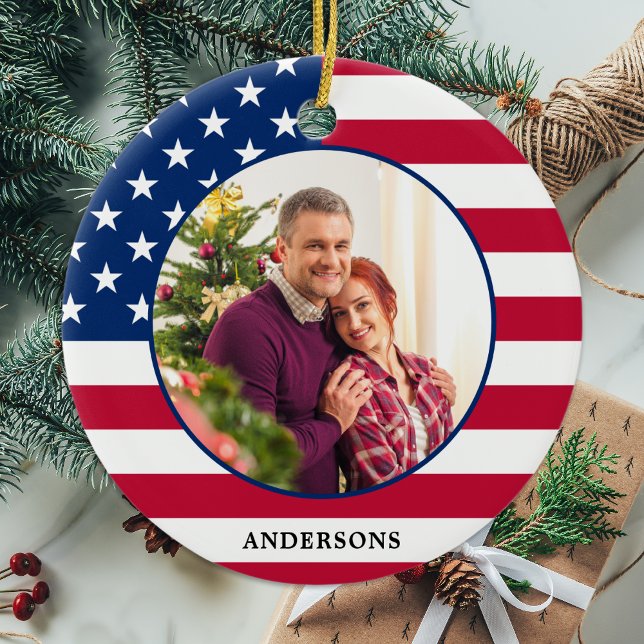 Patriotic USA American Flag Personalized Photo Ceramic Tree Decoration (Creator Uploaded)