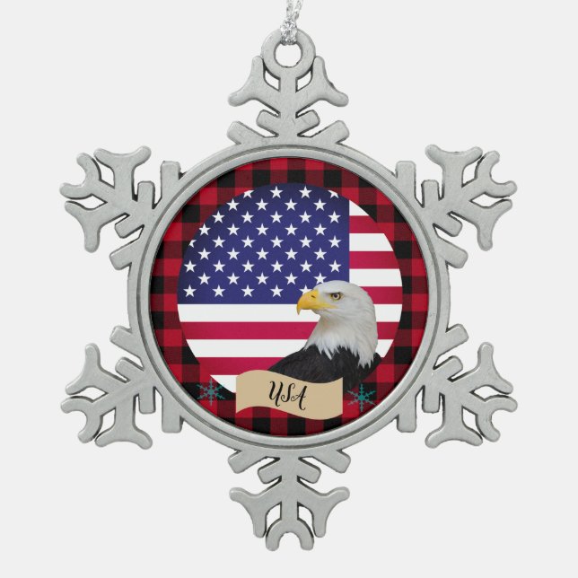 Patriotic USA, buffalo plaid, Eagle, American Flag Snowflake Pewter Christmas Ornament (Front)