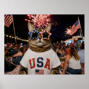 Patriotic USA Cat in Star Sunglasses 4th of July Poster