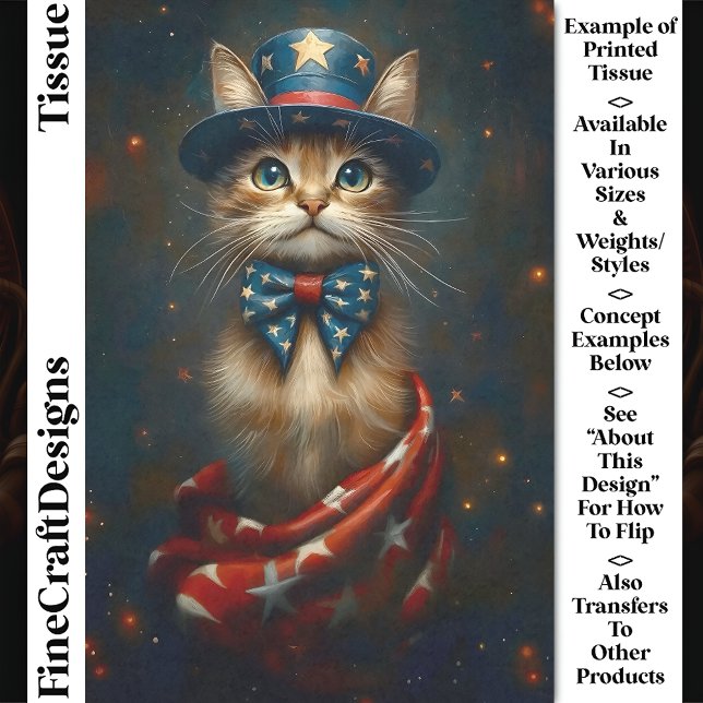 Patriotic USA Cat, Top Hat, Bow Tie CS2 Decoupage Tissue Paper (Creator Uploaded)