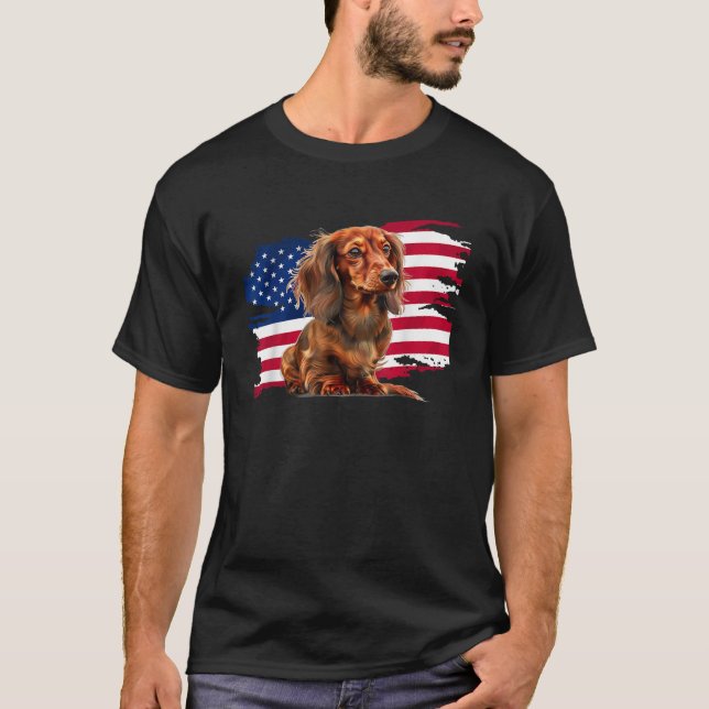 Patriotic USA Flag 4th of July Long Haired Dachshu T-Shirt (Front)