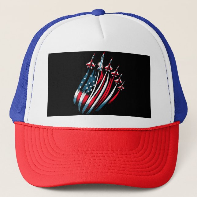Patriotic USA Flag Fighter Jets Boys 4th of July Trucker Hat (Front)