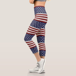 Patriotic USA Flag, Fun American Red White Blue Capri Leggings