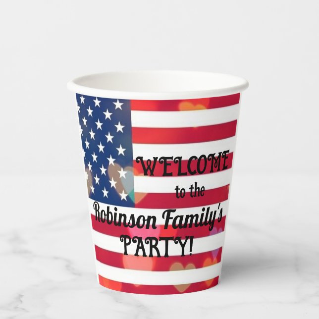 Patriotic USA Flag hearts with calligraphy text  Paper Cups (Front)
