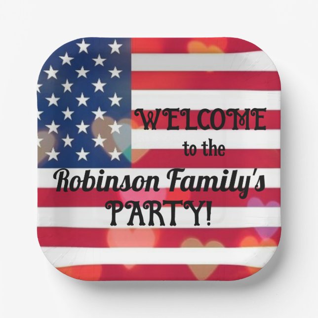 Patriotic USA Flag hearts with calligraphy text  Paper Plate (Front)