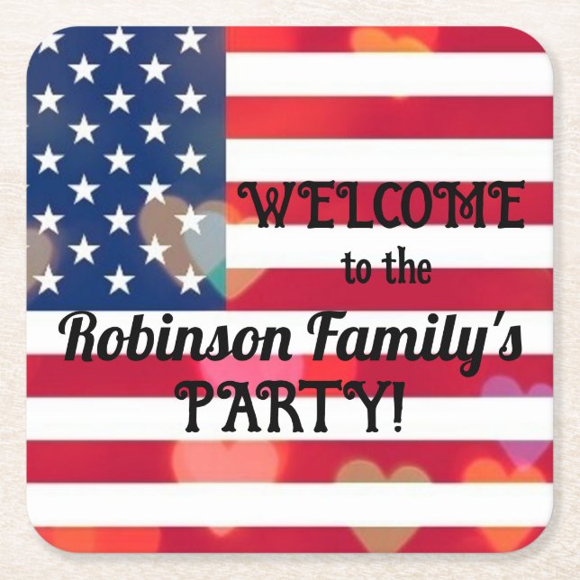 Patriotic USA Flag hearts with calligraphy text  Square Paper Coaster (Front)