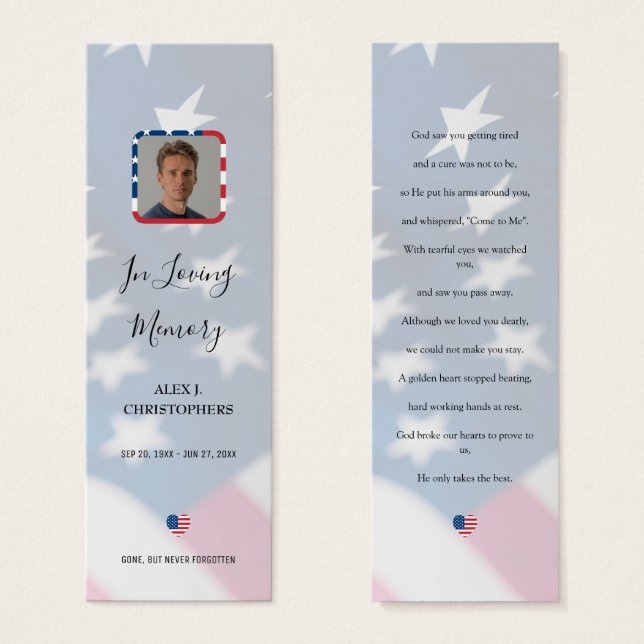 Patriotic USA Flag Military Photo Funeral Bookmark (Front & Back)