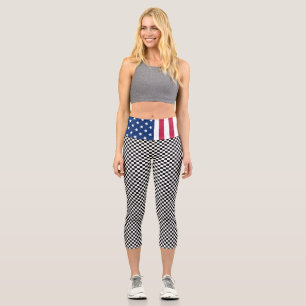 Patriotic USA Flag Modern Black White Checkered Capri Leggings