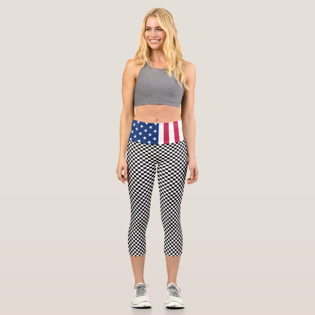 Patriotic USA Flag Modern Black White Chequered Capri Leggings (Front)