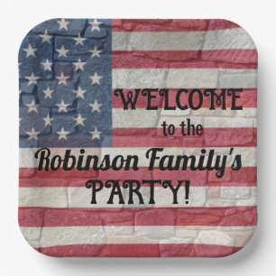Patriotic USA Flag on Stone Wall Calligraphy Text Paper Plate