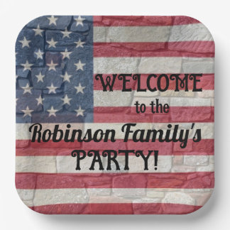 Patriotic USA Flag on Stone Wall Calligraphy Text  Paper Plate