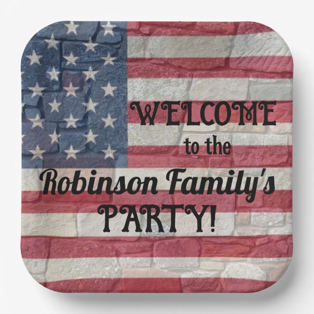 Patriotic USA Flag on Stone Wall Calligraphy Text  Paper Plate (Front)