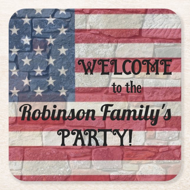 Patriotic USA Flag on Stone Wall Calligraphy Text  Square Paper Coaster (Front)