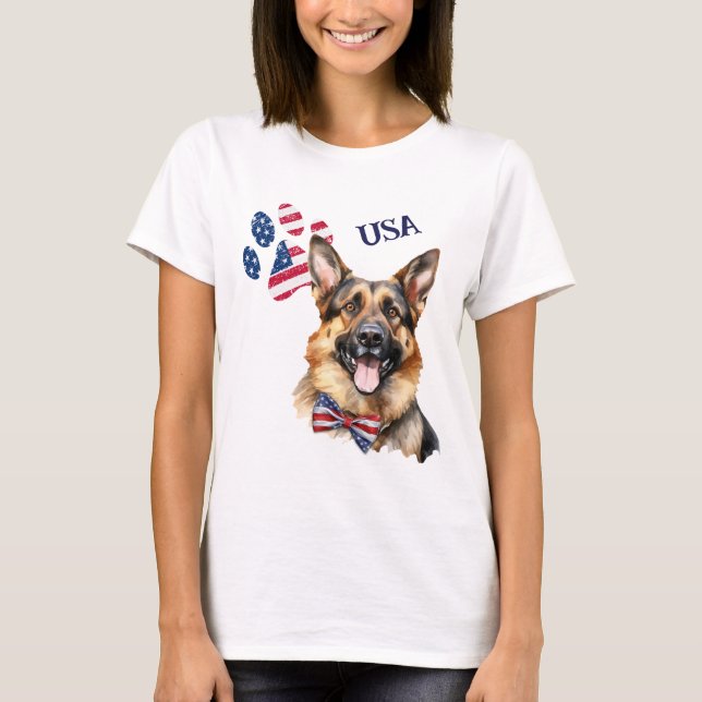 Patriotic USA Flag Paw Print German Shepherd Dog T-Shirt (Front)