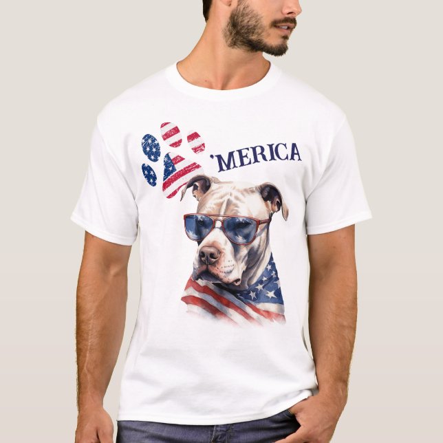 Patriotic USA Flag Paw Print Pitbull Dog T-Shirt (Front)