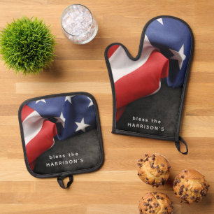 Patriotic USA Flag Personalised Oven Mitt & Pot Holder Set
