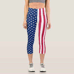 Patriotic USA Flag Red White Blue Stars Stripes Capri Leggings