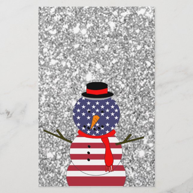 Patriotic USA flag Snowman Glitter Christmas Stationery (Front)