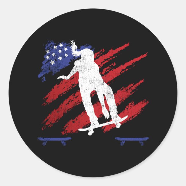 Patriotic USA Flag Women's Skateboarding Classic Round Sticker (Front)
