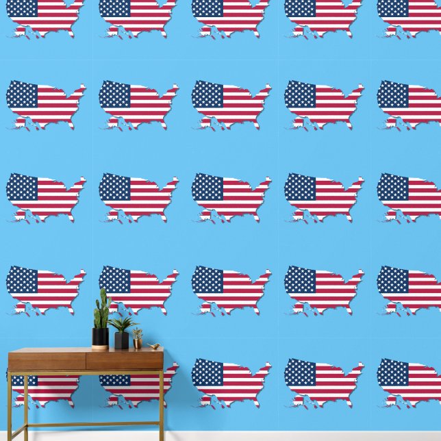 Patriotic USA Map & Flag Red White & Blue Pattern Wallpaper (Hallway)