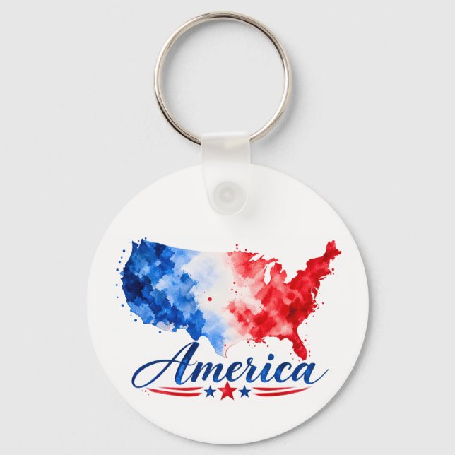 Patriotic USA Watercolor Map Keychain (Front)