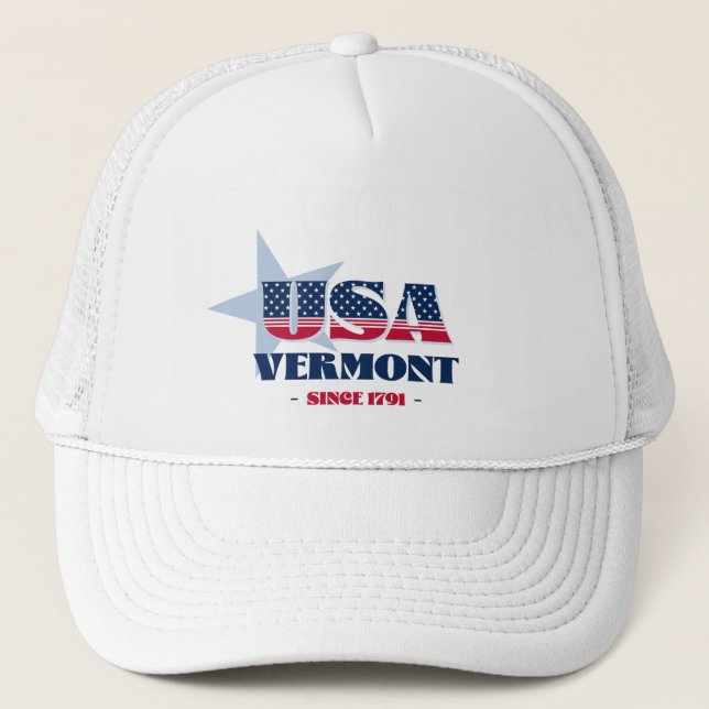 Patriotic Vermont Typography Trucker Hat (Front)
