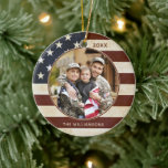 Patriotic Vintage American Flag Photo Name Ceramic Tree Decoration<br><div class="desc">Show your patriotism with a photo and name on this vintage American flag ornament. Ideal for a military family photo with name and year. PHOTO TIP: For fastest/best results, choose a photo with the subject in the middle and/or pre-crop it to a square shape BEFORE uploading and it will fill...</div>