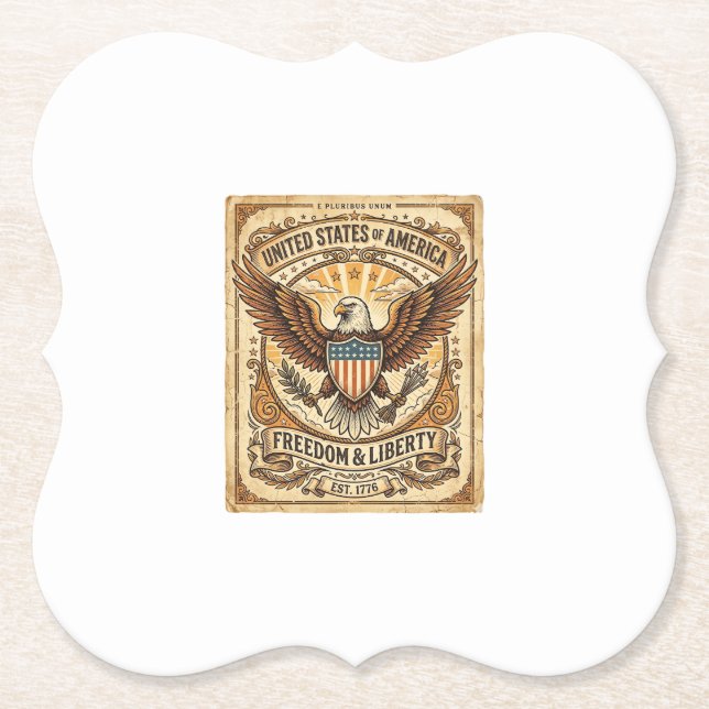 Patriotic Vintage Bald Eagle Distressed Paper Coaster (Front)