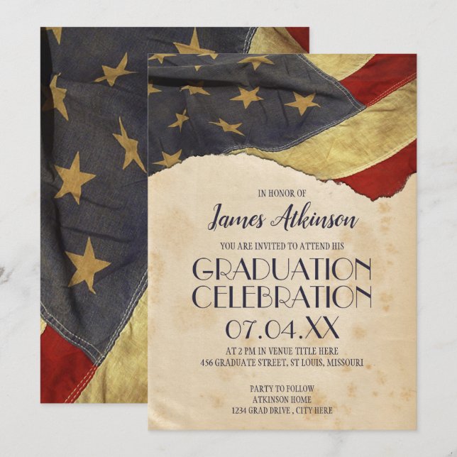 Patriotic Vintage Flag Graduation Party Invitation (Front/Back)