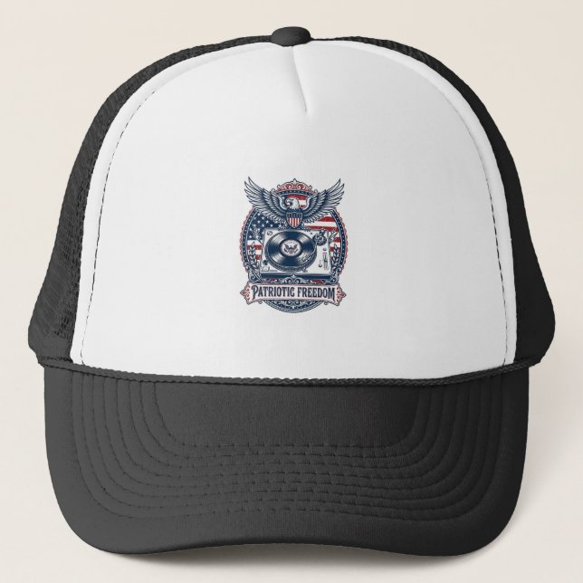 Patriotic Vinyl Collector Vector Graphic Tee Trucker Hat (Front)