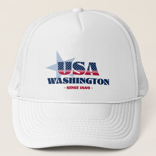 Patriotic Washington Typography Trucker Hat (Front)