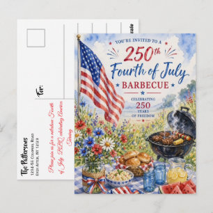 Patriotic Watercolor 250 Years Fourth of July BBQ Postcard
