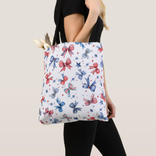 Patriotic Watercolor Bow Stars Stripes Tote Bag